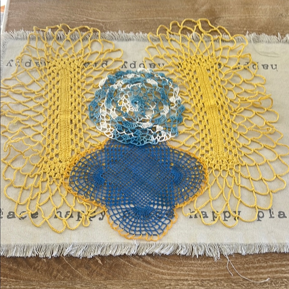 Vibrant Blue and Yellow Crochet Doily Set/ lot of 4/ Handmade
